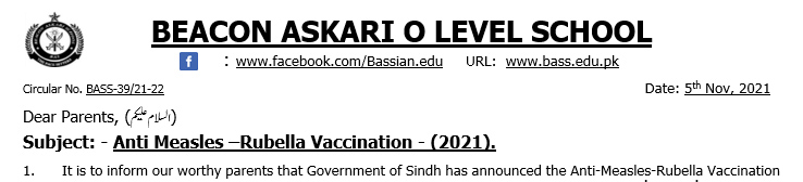 Anti Measles –Rubella Vaccination – (2021).
