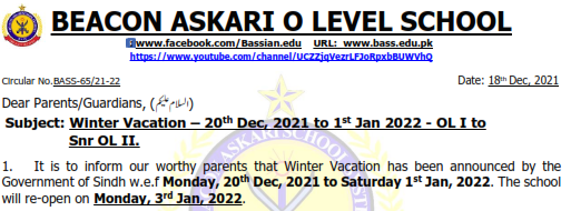 Winter Vacation – 20th Dec, 2021 to 1st Jan 2022 – OL I to Snr OL II.