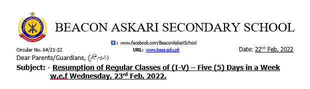 Subject: – Resumption of Regular Classes of (I-V) – Five (5) Days in a Week  w.e.f Wednesday, 23rd Feb, 2022.