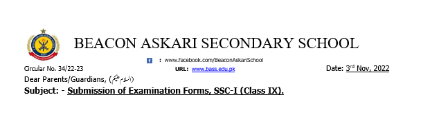 Submission of Examination Forms, SSC-I (Class IX).