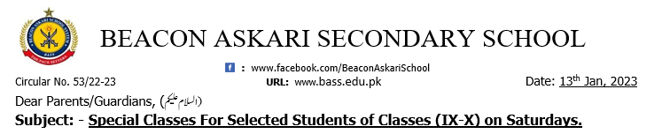 Special Classes For Selected Students of Classes (IX-X) on Saturdays.