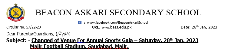 Changed of Venue For Annual Sports Gala – Saturday, 28th Jan, 2023  Malir Football Stadium, Saudabad, Malir.