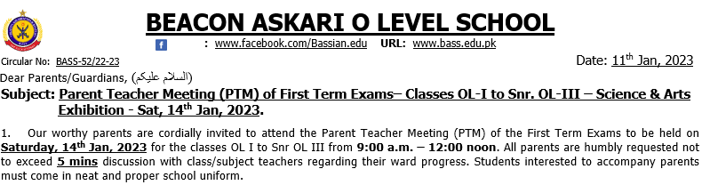Parent Teacher Meeting (PTM) of First Term Exams– Classes OL-I to Snr. OL-III – Science & Arts Exhibition – Sat, 14th Jan, 2023
