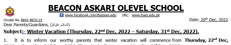 Winter Vacation (Thursday, 22nd Dec, 2022 – Saturday, 31st Dec, 2022).