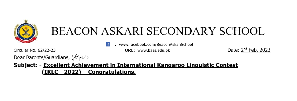 Excellent Achievement in International Kangaroo Linguistic Contest (IKLC – 2022) – Congratulations.