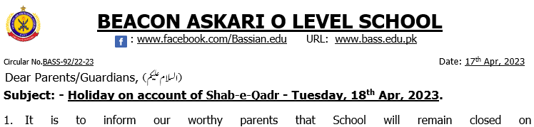 Holiday on account of Shab-e-Qadr – Tuesday, 18th Apr, 2023