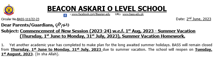Commencement of New Session (2023-24) w.e.f. 1st Aug, 2023 – Summer Vacation (Thursday, 1st June to Monday, 31st July, 2023), Summer Vacation Homework