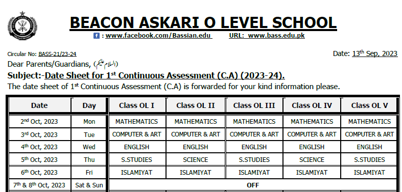 Date Sheet for 1st Continuous Assessment (C.A) (2023-24).