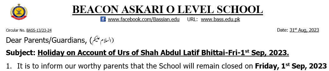 Holiday on Account of Urs of Shah Abdul Latif Bhittai-Fri-1st Sep, 2023